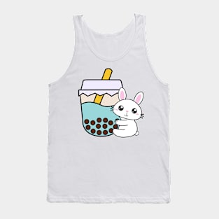 Cute Baby Rabbit Hugs Bubble Tea Kawaii Blue Boba Tea Tank Top